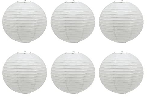 Pack of 6 x 30cm Round White Paper Light Shade Lantern | Classic Bamboo Style Ribbed Paper Lampshade | Hanging Circle Ceiling Lightshade