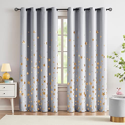 Treatmentex Grey Gold Star Blackout Curtains for Kids Bedroom Thermal Insulated Metallic Star Printed 100% Full Blackout Curtain Panels for Boys Girls Nursery Living Room Grommets Top 50x84 2 Panels