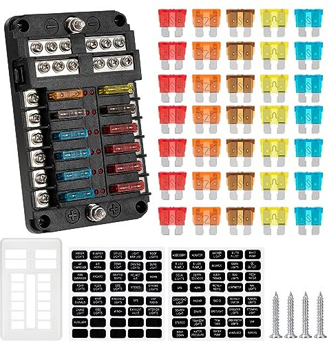 GUNGY Portafusibili 12V Porta Fusibili 12 Vie Scatola Fusibile Auto con Indicatore LED e 30pcs Fusibile a Lama per Auto Barca Camion SUV Camper