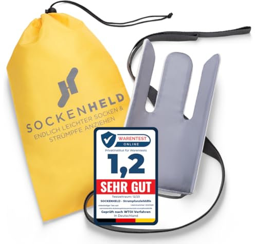 SOCKENHELD® 2-in-1 Premium Strumpfanziehhilfe – mit Aufhängetasche für extra Schutz & Hygiene – Komfort-Zugbänder – Ideal für Senioren, Schwangere & bei Mobilitätseinschränkungen – 23cm