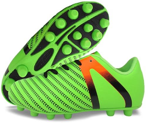 Vizari Botas de fútbol para suelo firme, ligeras y resistentes, con tacos de goma para niños y niñas, zapatos FG con tacos para exteriores, Verde y naranja., 38 EU