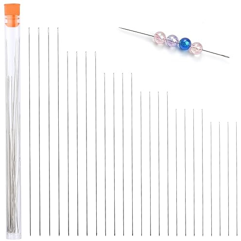 24 Stück Perlennadeln, 6 Größen Lange Gerade Perlen Nadeln, Nadelflasche | Perlennadel Set Edelstahl-Handnähnadeln mit Nadelflasche für DIY-Perlenhandwerk und Schmuckherstellung