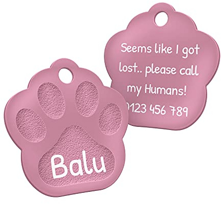 ENGRAVO Hundemarke mit Gravur in Pink 26mm | Pfote Halsbandanhänger personalisiert | Namensschild für Halsband | Anhänger Marke für Hunde, Welpen & Katzen | Dog Tag mit Wunschgravur