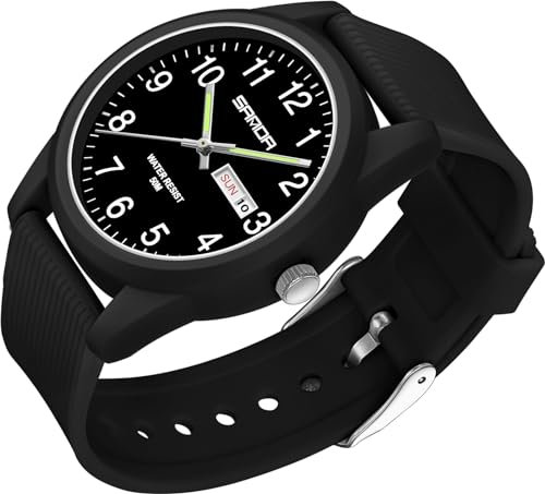 Orologio da polso da uomo, al quarzo, analogico, sportivo, da uomo, donna, 50 m, impermeabile, cinturino in silicone, casual, per ragazzi con data, giorno della settimana, lancette luminose, numeri