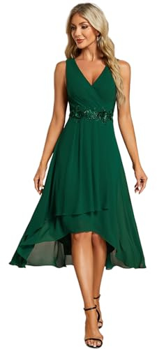 Ever-Pretty Vestido de Invitada de Boda Gasa Cuello en V Elegante Midi Vestidos de Cóctel sin Mangas Midi Falda Irregular Verde Oscuro 54