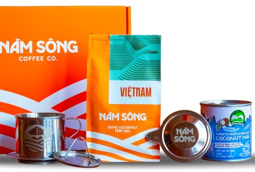 Nam Song Vietnamese Coffee Maker Set – 8oz Stainless Steel Phin Coffee Filter with 220g Ground Vietnam Roast & Vegan Coconut Condensed Milk – No Paper Filters Needed