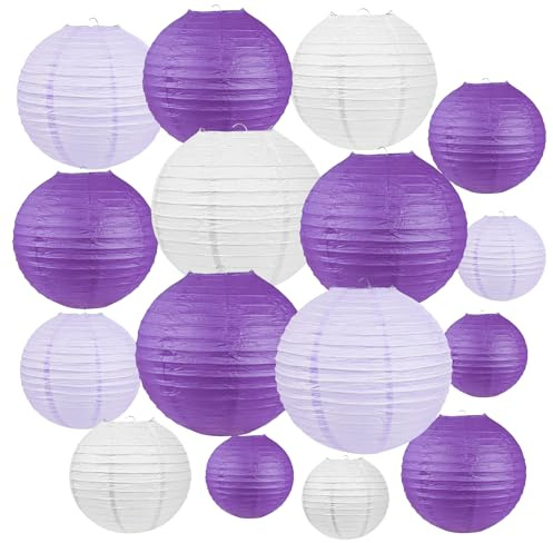 Peywot 16 faroles de papel redondos de color amarillo, morado y blanco (6, 8, 10 y 12 pulgadas) para decoración del hogar, bodas, fiestas de cumpleaños, lámparas de papel japonesas chinas colgantes