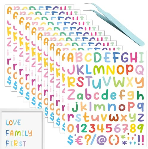 12 Blätter Buchstaben Aufkleber, Bunte Selbstklebende Aufkleber Vinyl Buchstaben Zahlen,Wasserfester Sticker Buchstaben für Postfach,Scrapbooking,Adressnummer,DIY Handwerk (Bunte)