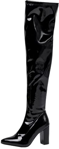 HSyc JRX Damen Blockabsatz High Heels Overknee Stiefel mit Reißverschluss Lack Stiefel