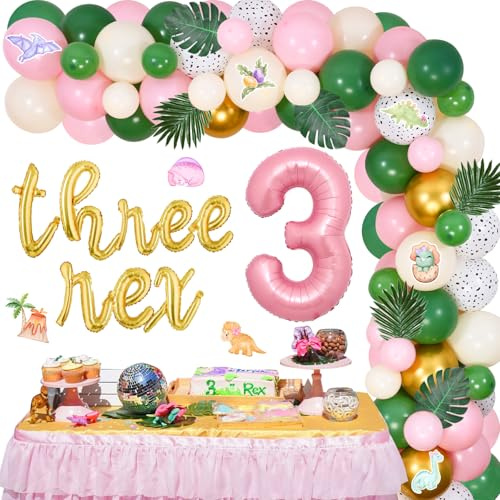 Sursurprise Dinosaurier-Dekoration zum 3. Geburtstag für Mädchen, drei Rex-Ballon-Girlande, Bogen-Set mit Dinosaurier-Karte, rosa Salbeigrün, 3 Jahre alt, Geburtstagsparty-Zubehör