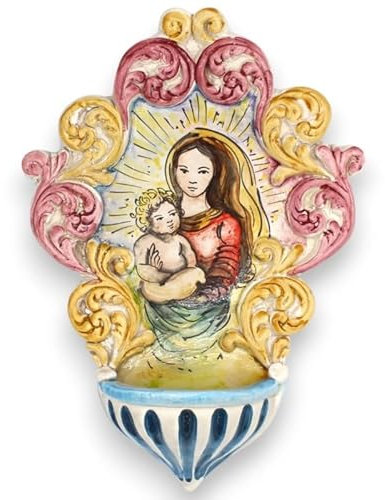 SICILIA BEDDA CAPACI Acquasantiera in Ceramica Caltagirone - h 30 x 20 cm ca. con decori in Rilievo MD4
