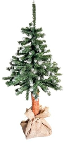 pokm toolsmarket - 150cm Künstlicher Weihnachtsbaum mit Schnee, auf Baumstumpf Basis aus Holz, Schneebedeckter Christbaum, Kunstschnee und dekoratives Jutematerial, Weihnachtsdeko, Hergestellt in EU