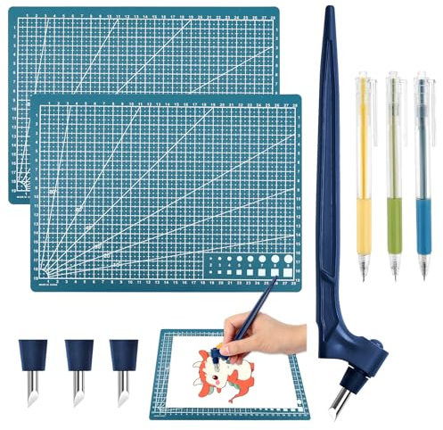9 Teilig Craft Schneidwerkzeuge Edelstahl Bastelmesser, 2xSchneidematte A4, Kunststoff Cutter mit 3 Ersatzklingen, 3xWasserfarbstift, Handwerkszeug Set für DIY Scrapbooking Modellbau