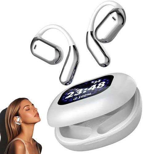Écouteurs Bluetooth ouverts, tour d'oreille LED, écran couleur, réduction active du bruit, 3 modes d'effets sonores, pour téléphones portables, tablettes, ordinateurs portables, Android, iOS (argenté)