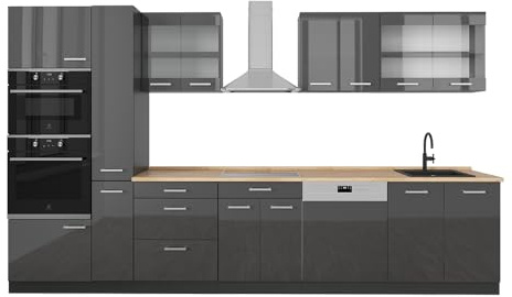 Vicco Küchenzeile R-Line, Anthrazit Hochglanz/Anthrazit, 350 cm | 9 Module · Höhenverstellbare Füße · Ohne Arbeitsplatte · Robuste Fronten · Mit Backofen-/Mikrowellenschrank