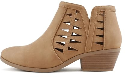 Soda CHANCE Womens Perforated Cut Out Stacked Block Heel Ankle Booties (Tan Nbpu, numeric_10)