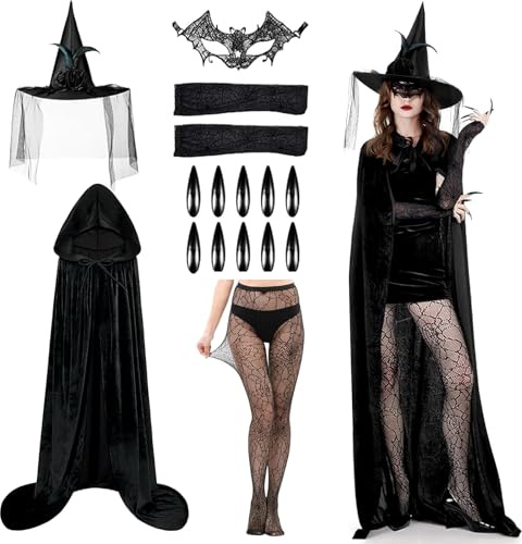 WZBBJuser Karneval Kostüm Damen, Gothic Hexenkostüm Damen, mit Hexenhut, Umhang, Strümpfen mit Spinnennetz, Spitze Hexen-Augenmaske, Press-on Nails, Hexen Zubehör für Karneval & Mottopartys