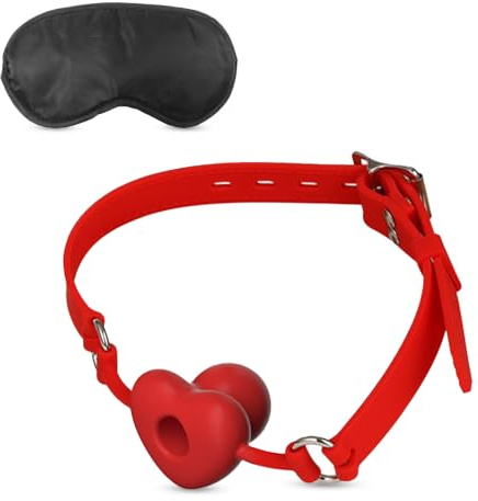 BDSMYEE Silikon Mundknebel mit Blindfold, SM Mouth Gag Ball erotisches Sklaven Sexspielzeug extreme Paare, Verstellbarer Knebel Fetisch Sex Toyset für Männer Frauen (Rot, M)