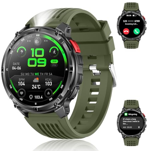 MEETOWN Reloj Inteligente Hombre Militar, 1.7 HD Smartwatch Hombre con Llamadas Bluetooth, Linterna LED y Brújula, 100+ Deportes Modos, Monitorización del Sueño para Android iOS, Verde