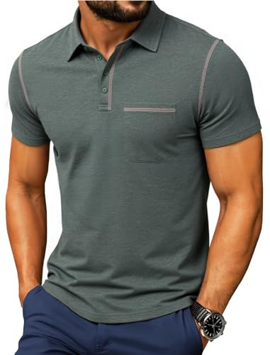 NITAGUT Poloshirt Herren Kurzarm Baumwolle Vintage-Look Golf Sommer Basic Unmarkiert Business Casual Polohemd mit Vier Tasten mit Brusttasche,Grün L