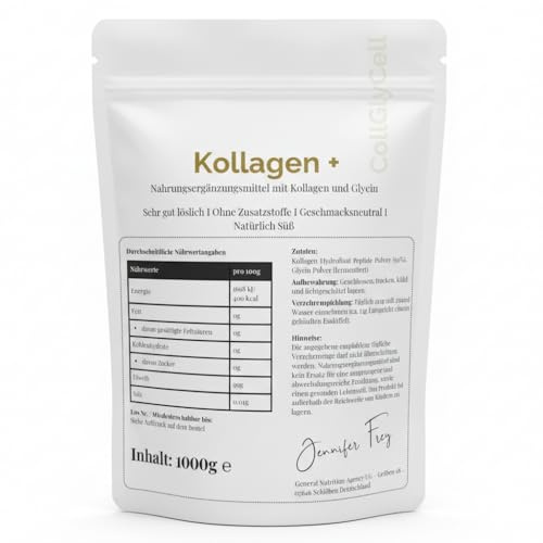 Kollagen+ Pulver 1 kg – Collagen Hydrolysat Peptide Typ I, II & III – Geschmacksneutrales Eiweißpulver – Made in Germany – Instant - Sehr gut löslich + Kollagenbaustein Glycin