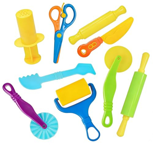 9-teiliges Knetwerkzeug Set ab 2 Jahren, Knetzubehör für Play-Doh, Kinder Knetspielzeug mit Rollen, Schneider & Messer, Knetpresse für Plastilin, Knetset Knetmasse Zubehör, Lernspielzeug & Sandzubehör