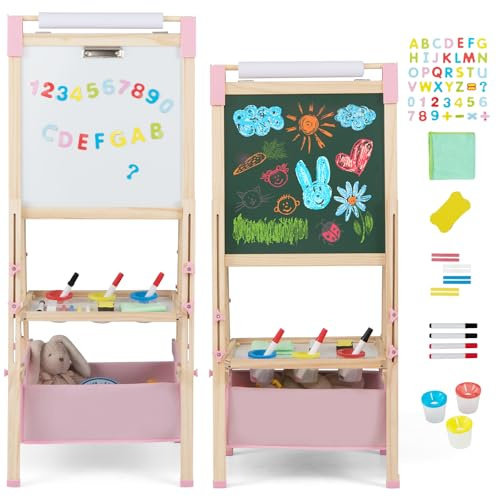 COSTWAY Caballete Infantil Ajustable en Altura, Caballete de Doble Lado con Pizarra de Tiza y Pizarra Blanca, Rollo de Papel, Imanes de Letras y Números, para Niños 3-8 Años (Rosa)