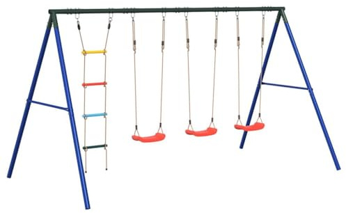 Set di altalena con tre sedili, scala a maglia, telaio in acciaio laccato, 341 x 185 x 185 cm, struttura da arrampicata resistente alle intemperie per bambini, attrezzatura da gioco all'aperto per