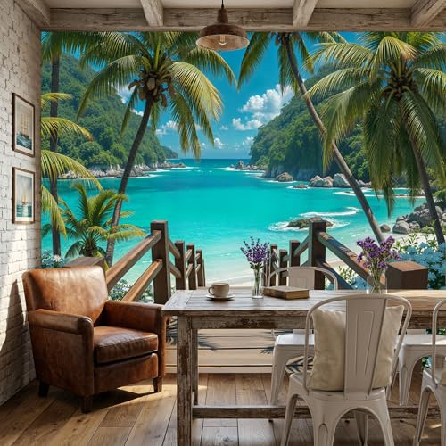 Papel Pintado Pared 3D Papel Tapiz 200x140cm Palmeras Escaleras Vista Al Mar Fotomurales TV Fondo Pared Dormitorio Murales Papels Tapiz Paisaje Costero, Turquesa