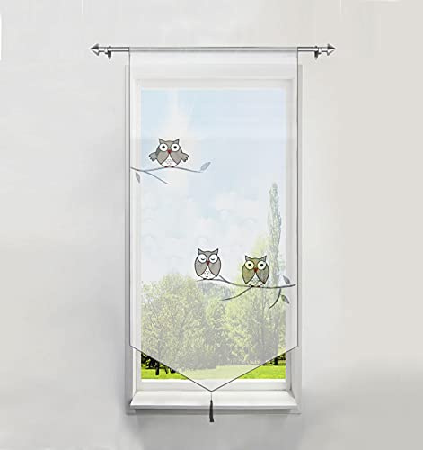 BAILEY JO Bildergardine mit Eule Stickerei Raffrollo Voile Transparent 1er-Pack Gardine
