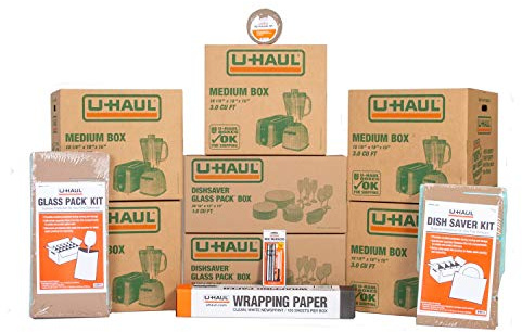U-Haul Kitchen Moving Kit – Includes 1 Dish Packing Kit, 1 Glass Packing Kit, 5 Medium Boxes, Packing Paper, Cushion Foam, Tape, 2 Box Markers, and 1 Box Knife