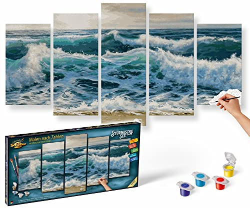 Schipper 609450865 Malen nach Zahlen - Stürmische See - Bilder malen für Erwachsene, inklusive Pinsel und Acrylfarben, 5 Bilder, Meisterklasse Polyptychon, Profi, Edition, 132 x 72 cm
