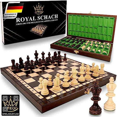 APEQi® ROYAL Schach - Schachspiel Holz HOCHWERTIG - Massivholz, 34,5x34,5cm, ab 14 Jahren, Geschenkidee - edles Schachbrett Holz hochwertig - klappbare Schachkassette mit Schachfiguren aus EU