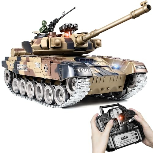 Supdex Carro Armato Telecomandato T-90, 1:18 RC Tank Mimetico con Sparo BB, Cingoli in Metallo, Maquette Carro Armato Fumo e Suoni Realistici, Carro Armato Radiocomandato per Adulti e Bambini 6+