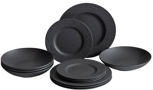 Villeroy & Boch Manufacture Rock 12-Piece Dinnerware Set, Service for 4, Dinner Plates, Salad Plates & Pasta Bowls, Premium Porcelain, Made in Germany, Matte Black