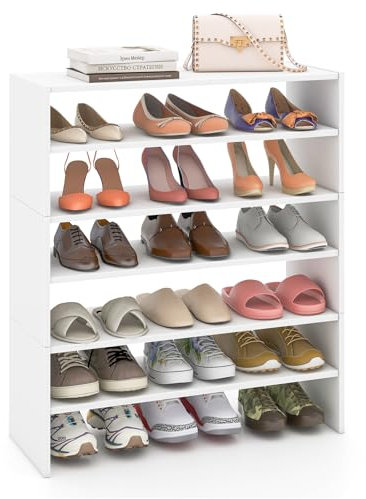 COSTWAY 5-stufiger stapelbares Schuhregal, Schuhschrank offen, 78 x 30 x 90 cm, Schuhablage aus Holz, für Eingangsbereich, Flur, frei kombinierbar, Weiß