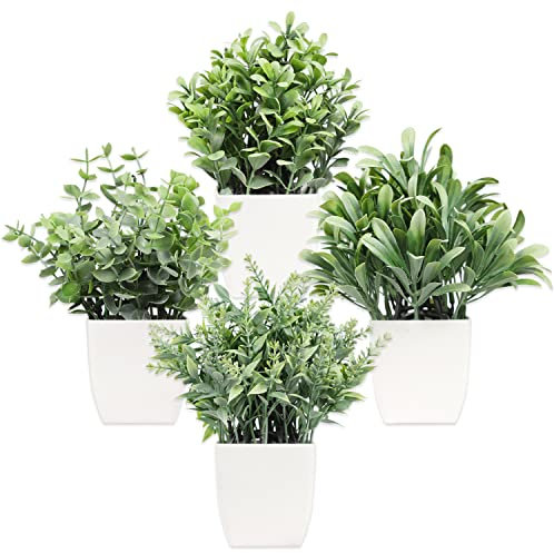 Cekene 4PC Artificial Greenery Potted Eucalyptus Plants in Pots Plastic Artificial Green Plants for Indoor Table Desk Shelf Office Kitchen Bedroom