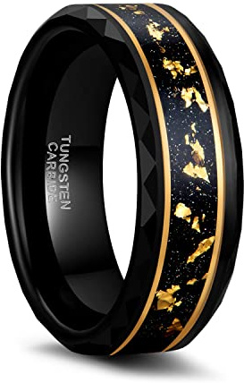 Greenpod 8MM Tungsten Carbide Rings for Men Hammered Polished Faceted Edge Wedding Band 24K Gold Plated Foil with Black Dinas Inlay Comfort Fit Size 10