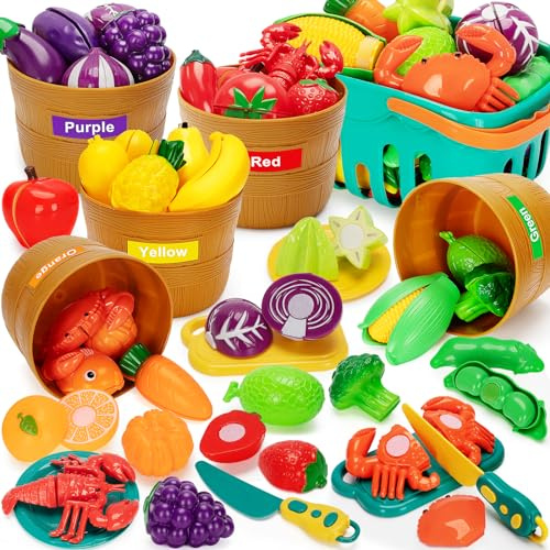 TooyBing Play Food Set for Kids Kitchen- 68 Pcs Kitchen Food Toy for Toddlers, Cutting & Color Sorting Fake Food/ Fruit/ Vegetable Accessories, Birthday Gifts for 3 4 5 Years Old Boys Girls