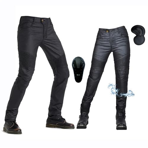 oFzimTo Motorradhose Herren/Damen, wasserdichte Beschichtung Motorrad Jeans mit Protektoren, Winterhose Stretch Motorradbekleidung (Schwarz-A,XXL)