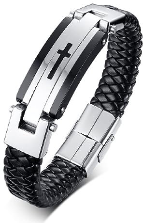 BISONBLUE Armbänder Herren Armband Geschenk Armreif Klassisches Und Mutiges Charm-Armband Aus Geflochtenem Leder Mit Kreuz, Als Geschenk Für Freunde