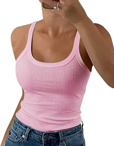 ELFIN Damen Spaghetti Top Gerippt Sommer Sexy Tank Top Cami Oberteile Ärmellos Slim Fit Basic Shirt Ribbed Träger Tops Einfarbig (L, Rosa)