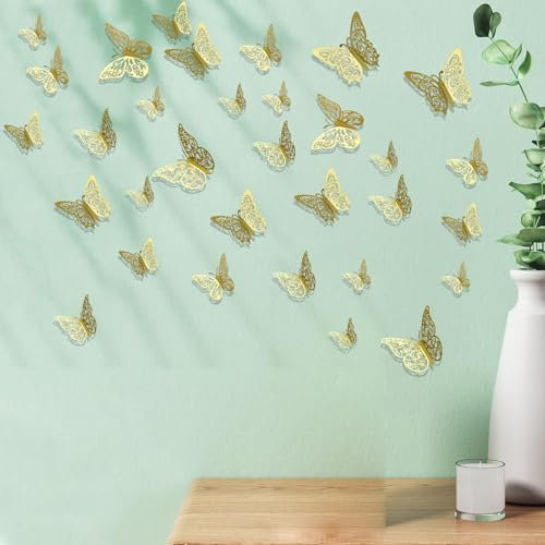 Schmetterlinge Deko,Schmetterling,24 Stück Deko Schmetterlinge,Wand Deko,Schmetterling Deko,Tortendeko,Deko Gold,Wandtattoo Schmetterlinge,Wandsticker,Geburtstagsdeko Mädchen,Cupcake Deko,Home Decor