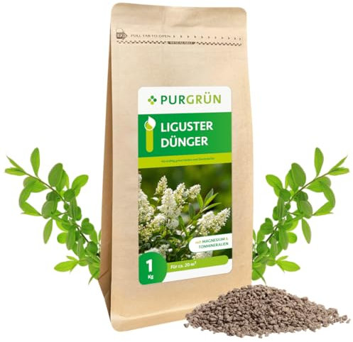 Purgrün® Liguster-Dünger 1 kg – Extra Magnesium für sattgrüne Blätter – Erhöhte Widerstandskraft dank Kalium – Schnelles Wachstum für eine dichte Hecke – Heckendünger für ca. 30 Heckenpflanzen