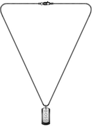 BOSS Herren-Halskette Devon, Edelstahl und schwarzes Leder