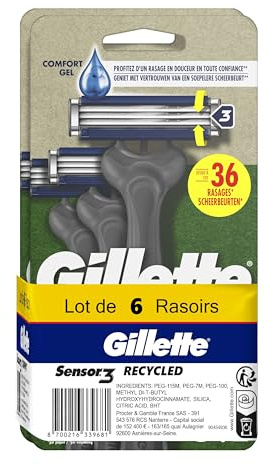 Gillette Sensor3 Recycled Rasoir Jetable 3 Lames, Manche Composé De 95% De Plastique Recyclé, Lot De 2x3