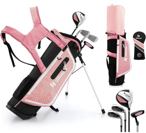 LIFEZEAL Set de Golf para Niños de 5 a 7 Años, Palos de Golf Completos con Bolsa de Transporte Impermeable, Práctica Madera 3, Hierro 7, S y Putter, para Niños diestros (Rosa)