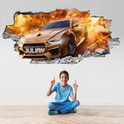 tjapalo® vz112 3D Wandtattoo Gamer Mit Namen, Gaming Bild Auto, Kinderzimmer Rennauto, Jugendzimmer Jungs Wandbild Autos, Größen Name: B100xH48cm
