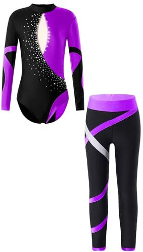 YOOJIA Mädchen Gymnastikanzug Glänzende Turnanzug Langarm Trikot Body mit Leggings Lange Hose Kinder Sport Ballett Kleidung Violett 122-128
