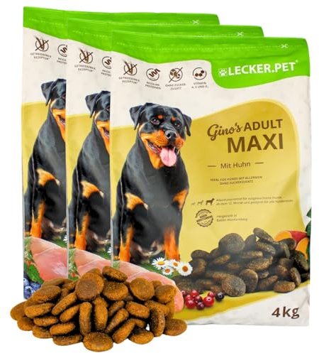 Lecker.Pet® 12 kg Ginos Adult Maxi mit Huhn Hund Trockenfutter Vollnahrung | Getreidefreies Hundefutter - Alleinfutter für erwachsene Hunde - Glutenfrei - Nährstoffreiche Proteinquelle